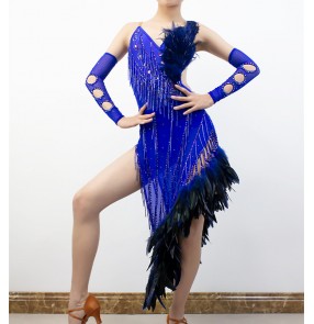 Custom size royal blue with feather competition latin dance dresses girls kids children adult long length salsa rumba chacha dancing costumes